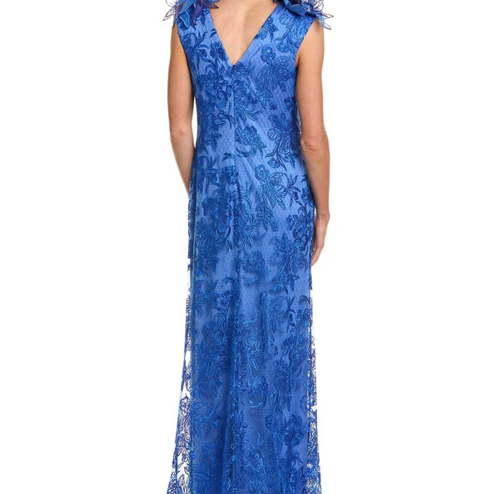 Tadashi Shoji blue evening gown with v-neck and floral appliques - Picture 2 of 2
